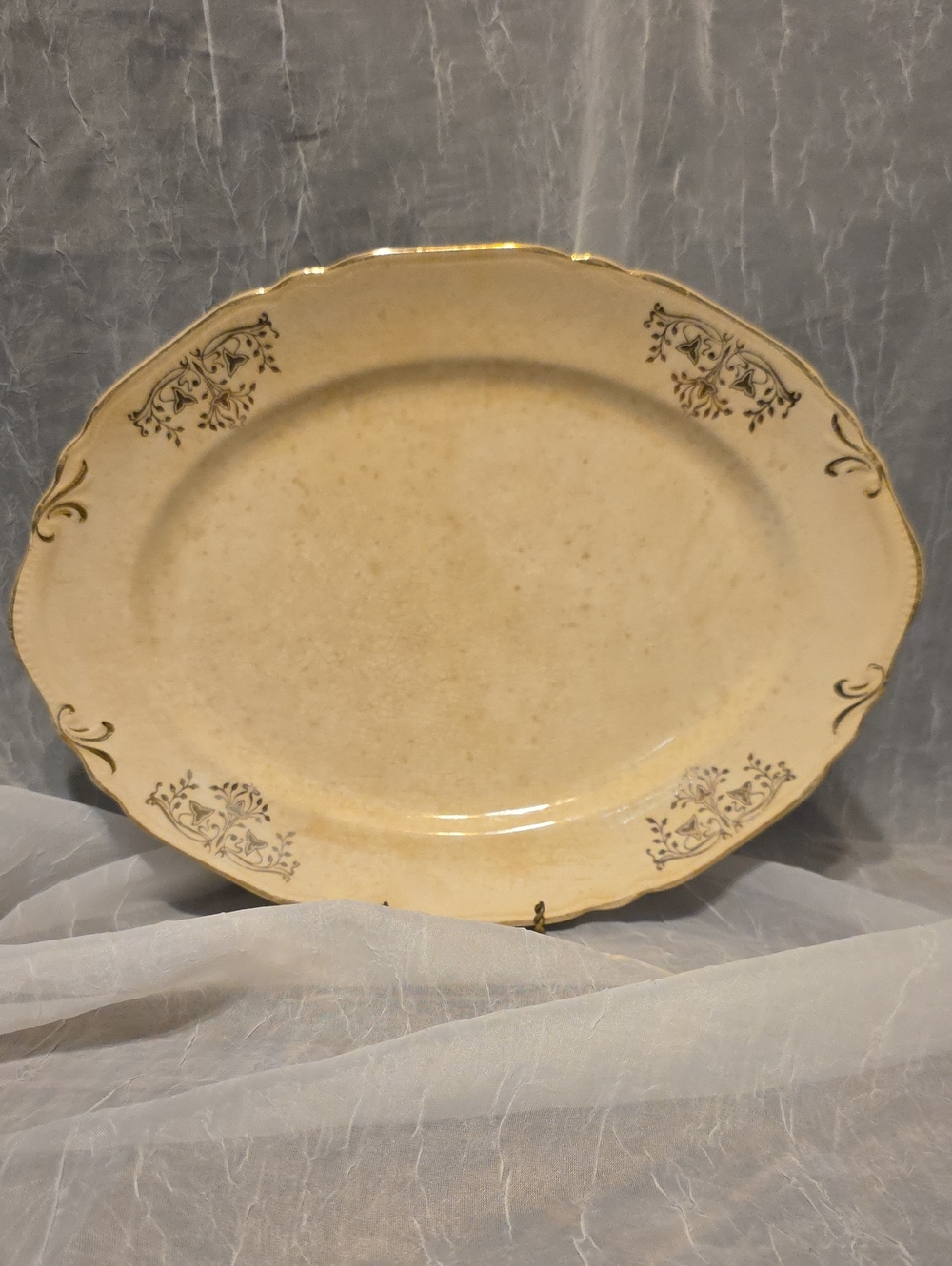 Crown Ivory Cream and Gold Oval Serving Platter with Floral Scroll Accents  1937